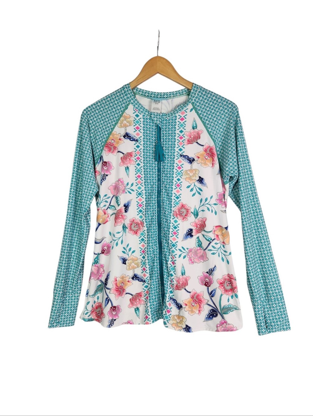Beach House Swim Rash Guard Top Med Floral Geometric Zip Front UPF Long Sleeve